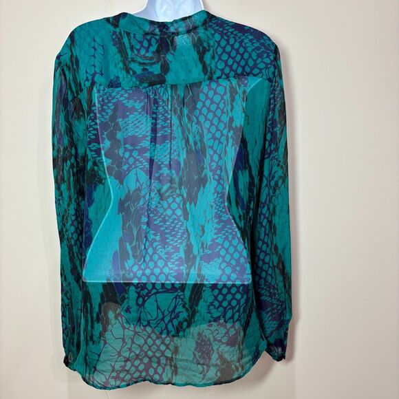 Hale Bob SILK Blouse sz M Animal Print Green Neck Tie Mermaidcore Dark Fairy - Picture 5 of 9